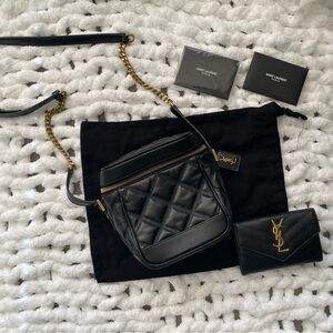 Saint Laurent Black Quilted Leather Bag with Gold YSL Tag VANITY AND WALLET